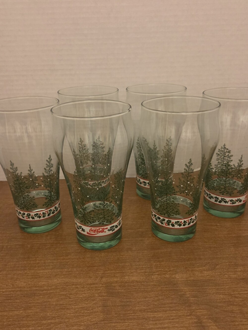 Libbey Coca Cola Green Holiday Pine Tree Drinking Glass - Set of 6